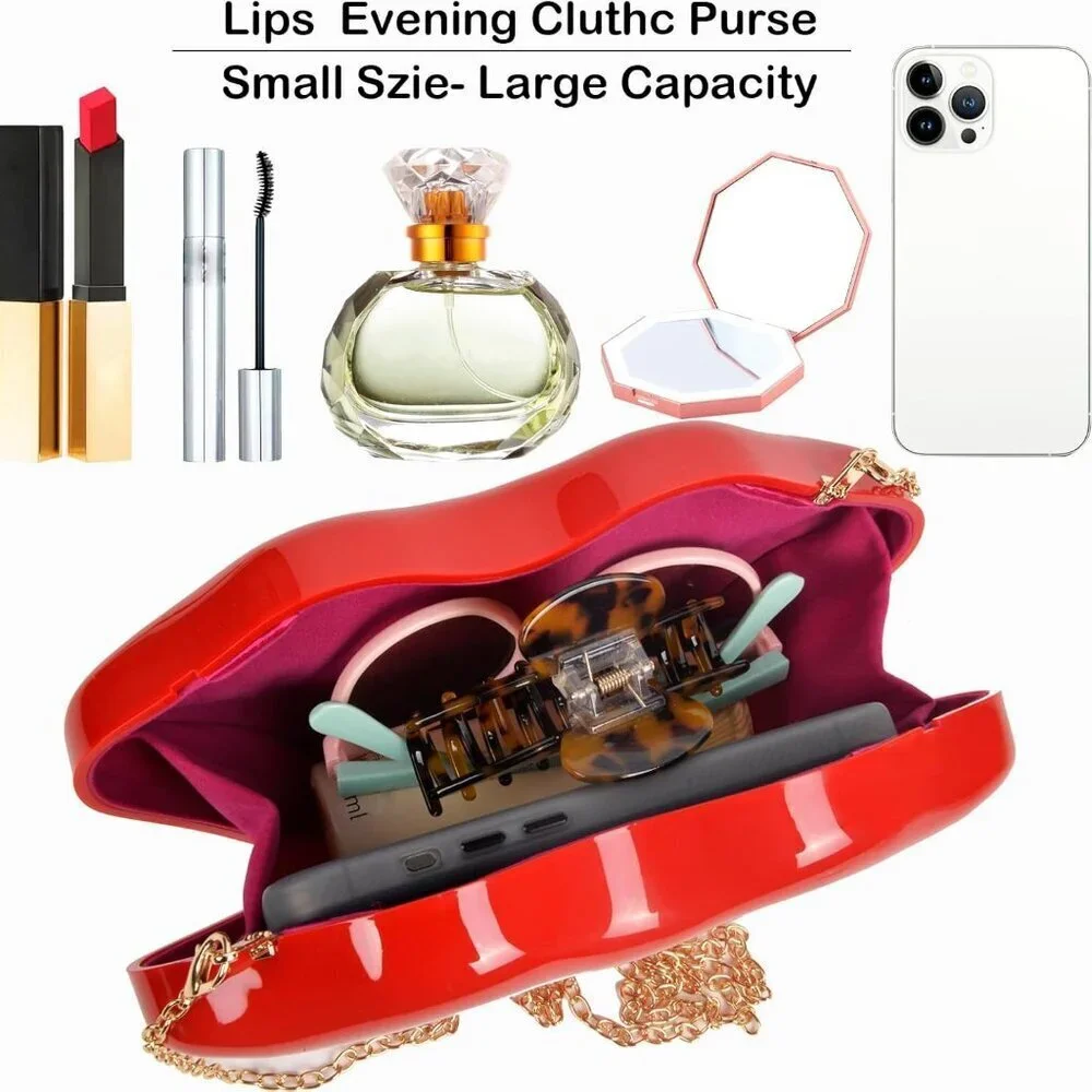 Lips Evening Clutch Purse Acrylic Chain Women Fashion Crossbody Bag